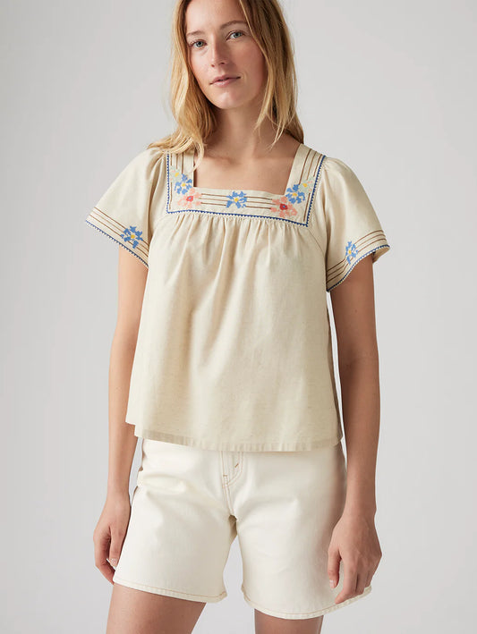 Casual Women’s Cream Square Neck Top with Embroidered Detailing for All-Day Wear