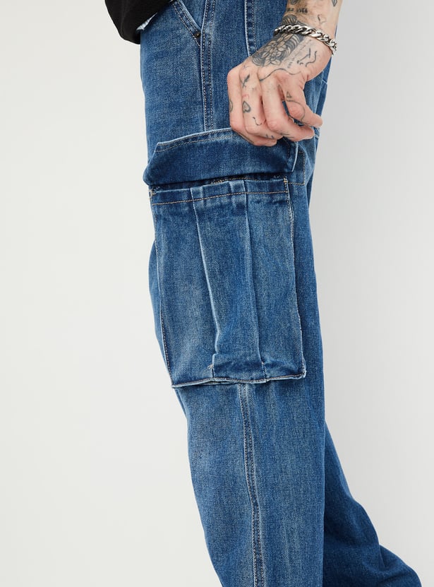 Street Style Loose Fit Cargo Denim Jeans for Men with Washed Finish