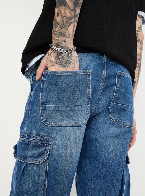 Street Style Loose Fit Cargo Denim Jeans for Men with Washed Finish