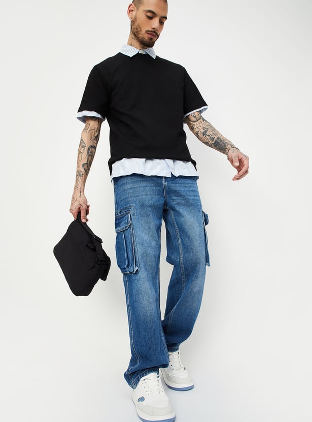Street Style Loose Fit Cargo Denim Jeans for Men with Washed Finish