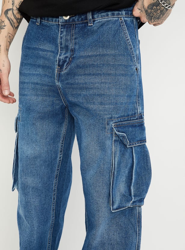 Street Style Loose Fit Cargo Denim Jeans for Men with Washed Finish