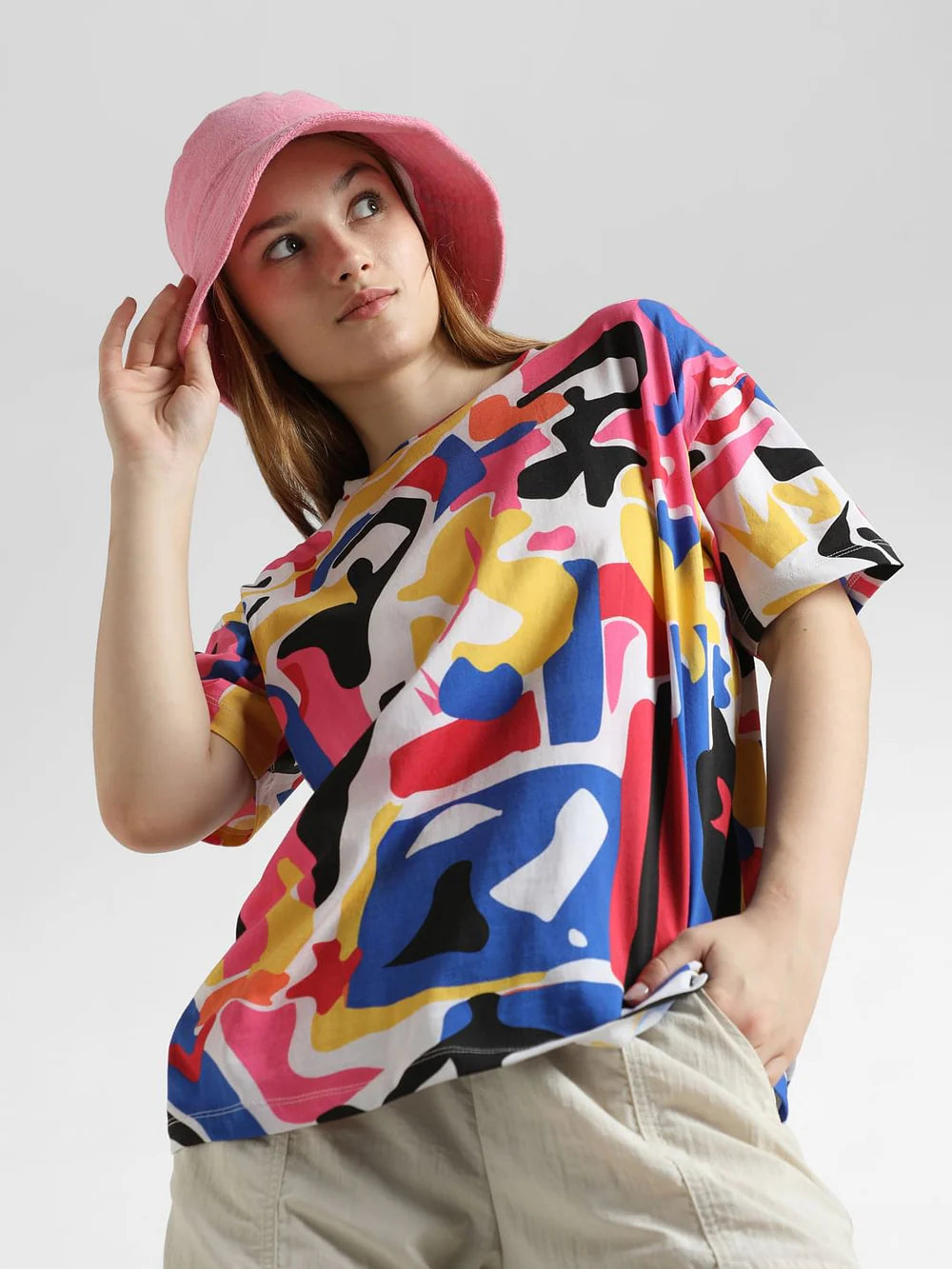 Soft Cotton Oversized T-Shirt with Abstract Multi-Colour Design