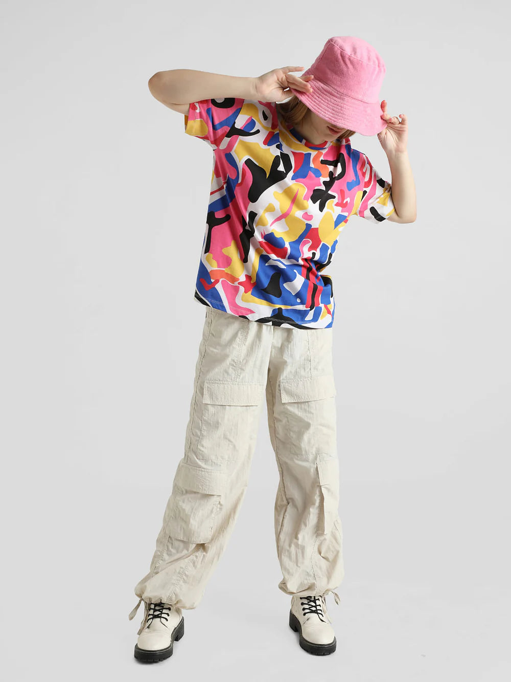 Soft Cotton Oversized T-Shirt with Abstract Multi-Colour Design