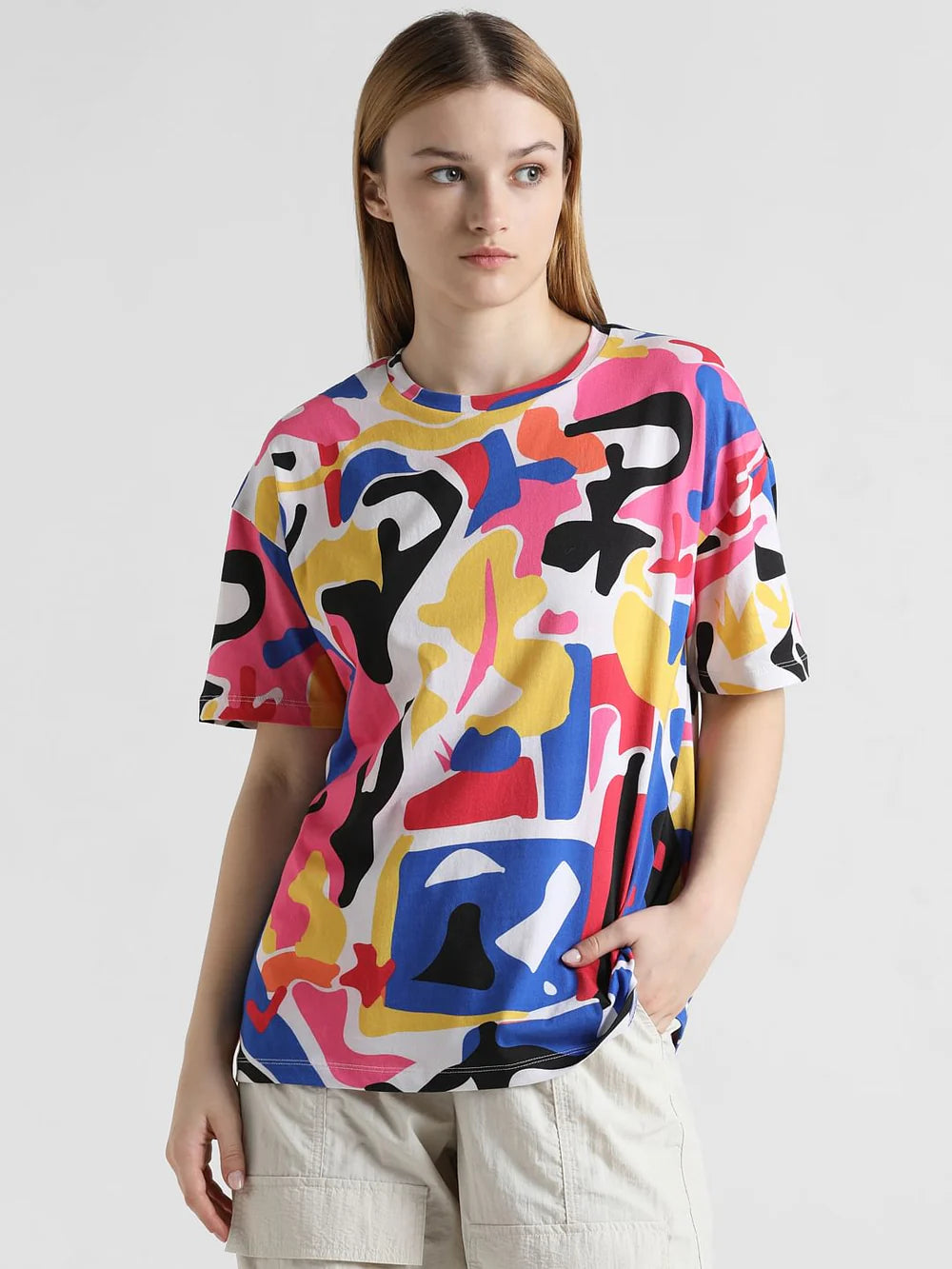 Soft Cotton Oversized T-Shirt with Abstract Multi-Colour Design