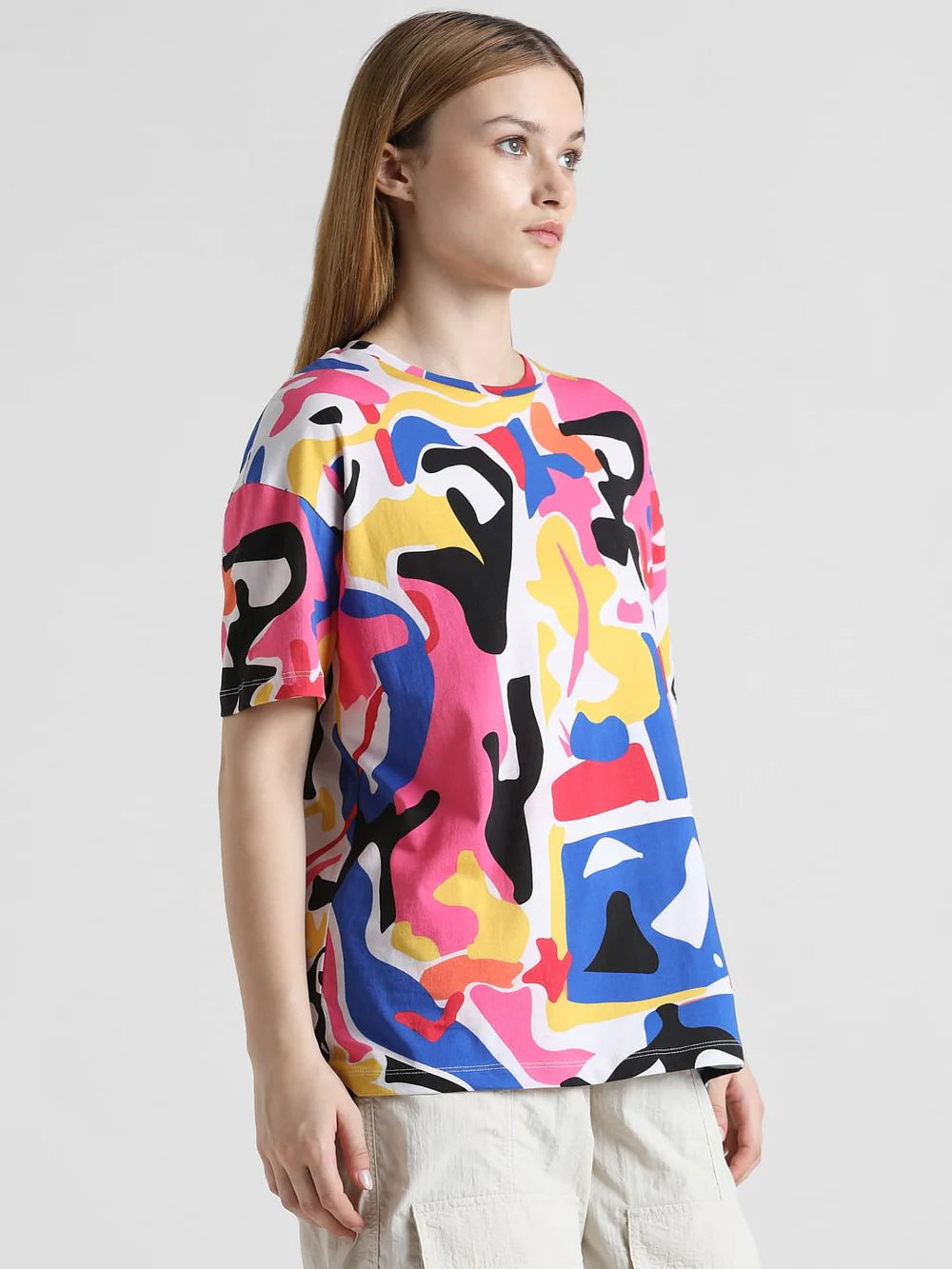 Soft Cotton Oversized T-Shirt with Abstract Multi-Colour Design