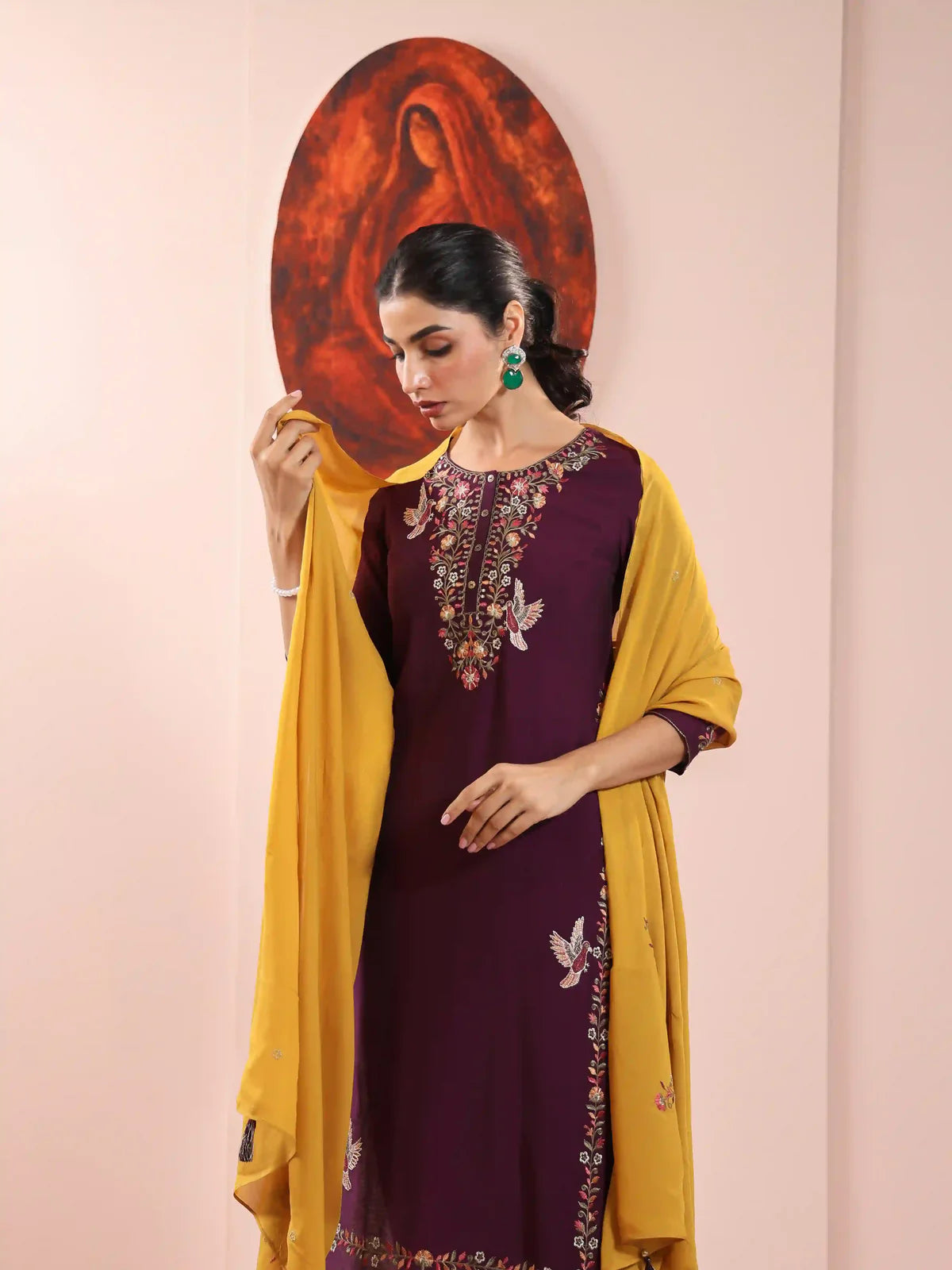 Classic Embroidery Kurta Set with Dupatta & Pants, Detailed with Sequins