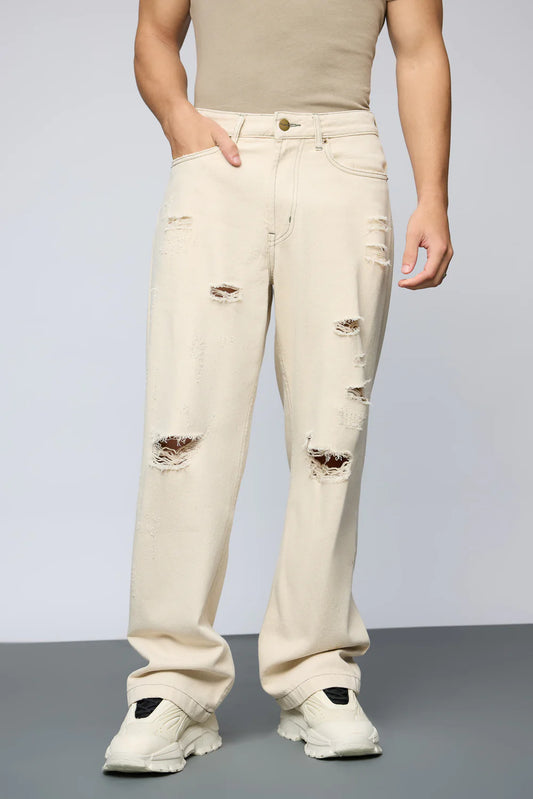 Classic Baggy Straight Jeans for Men Ecru Distressed Style