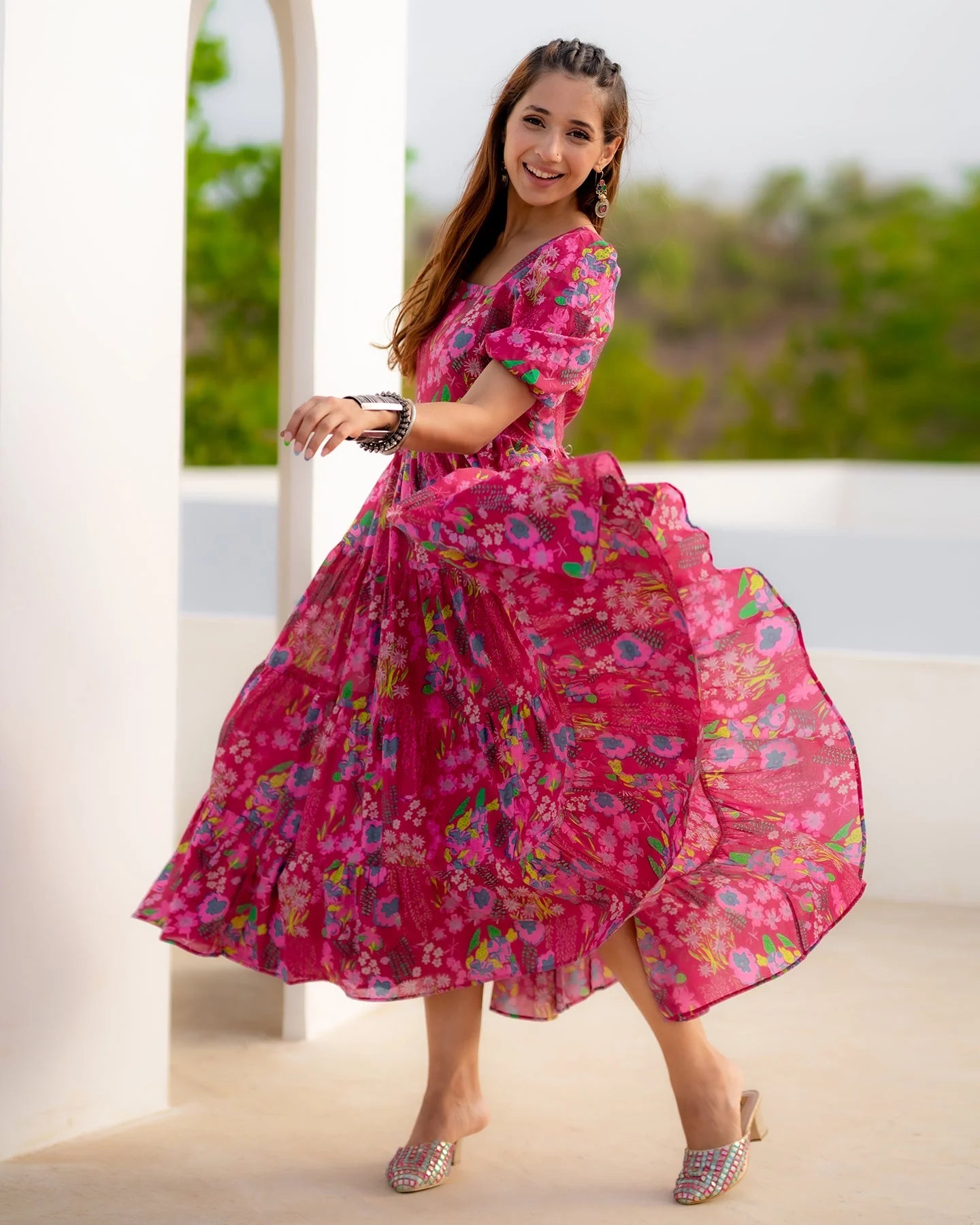 Chic Fuschia Tiered Flared Dress with Stylish Layers for Day and Evening Outings