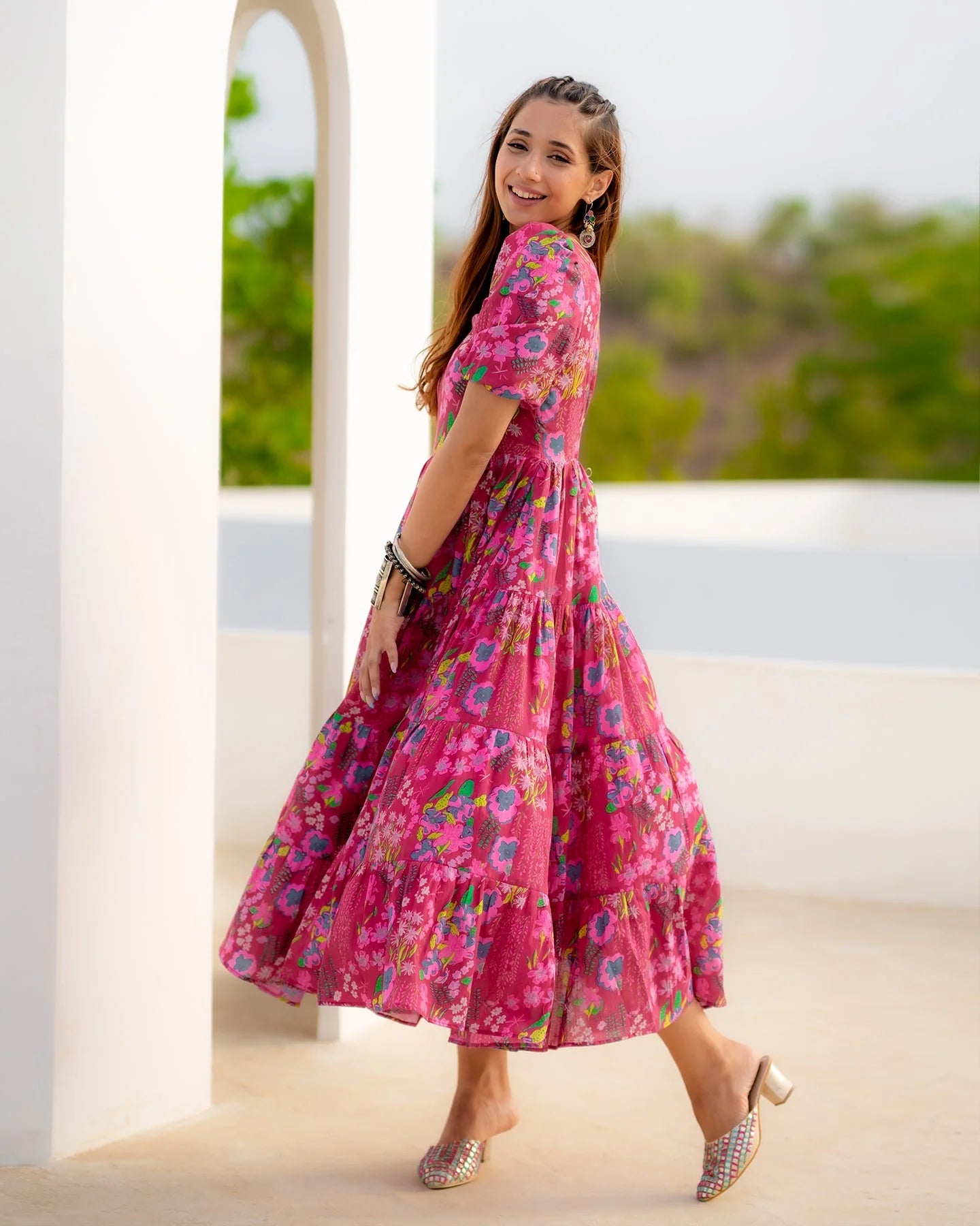 Chic Fuschia Tiered Flared Dress with Stylish Layers for Day and Evening Outings