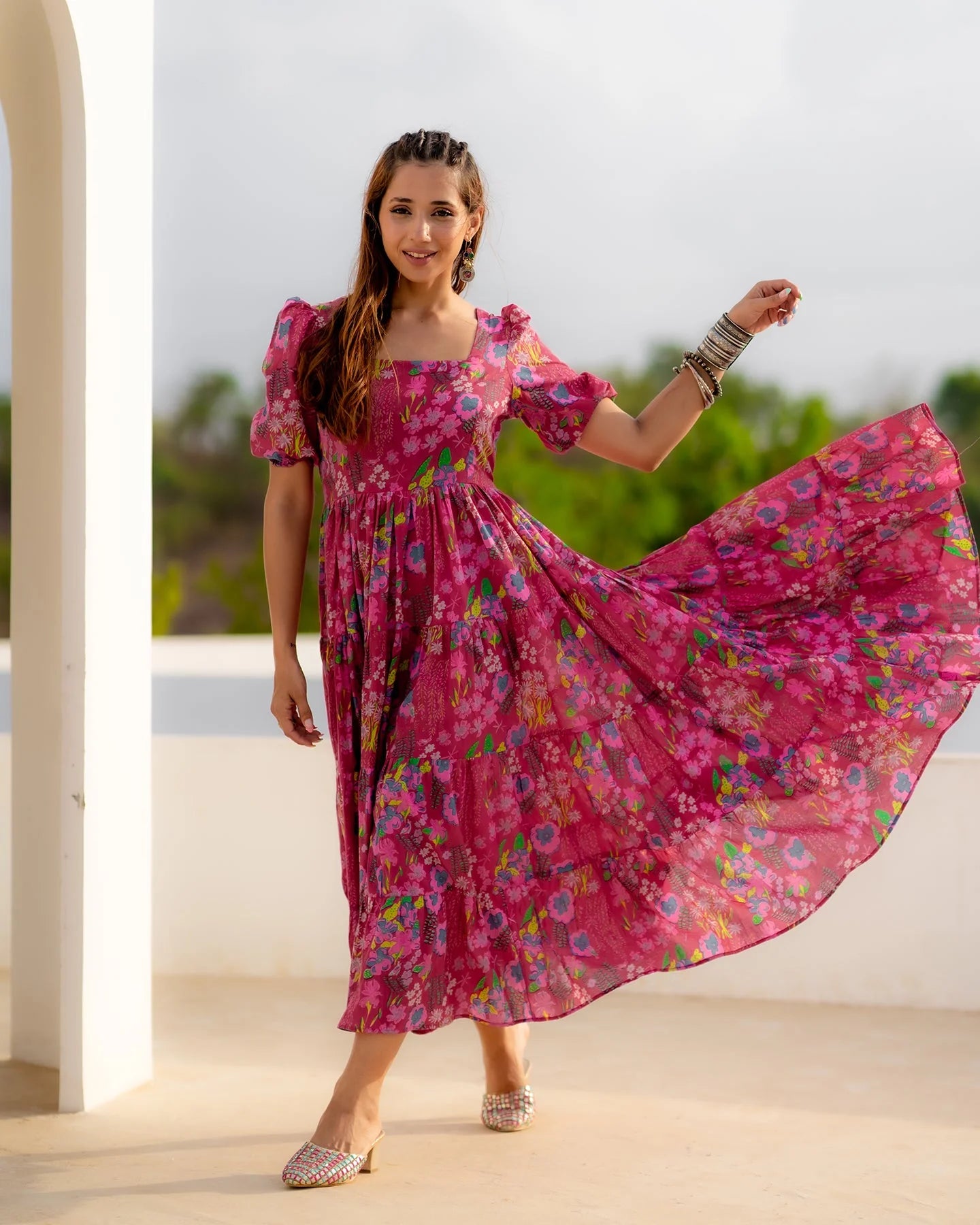 Chic Fuschia Tiered Flared Dress with Stylish Layers for Day and Evening Outings