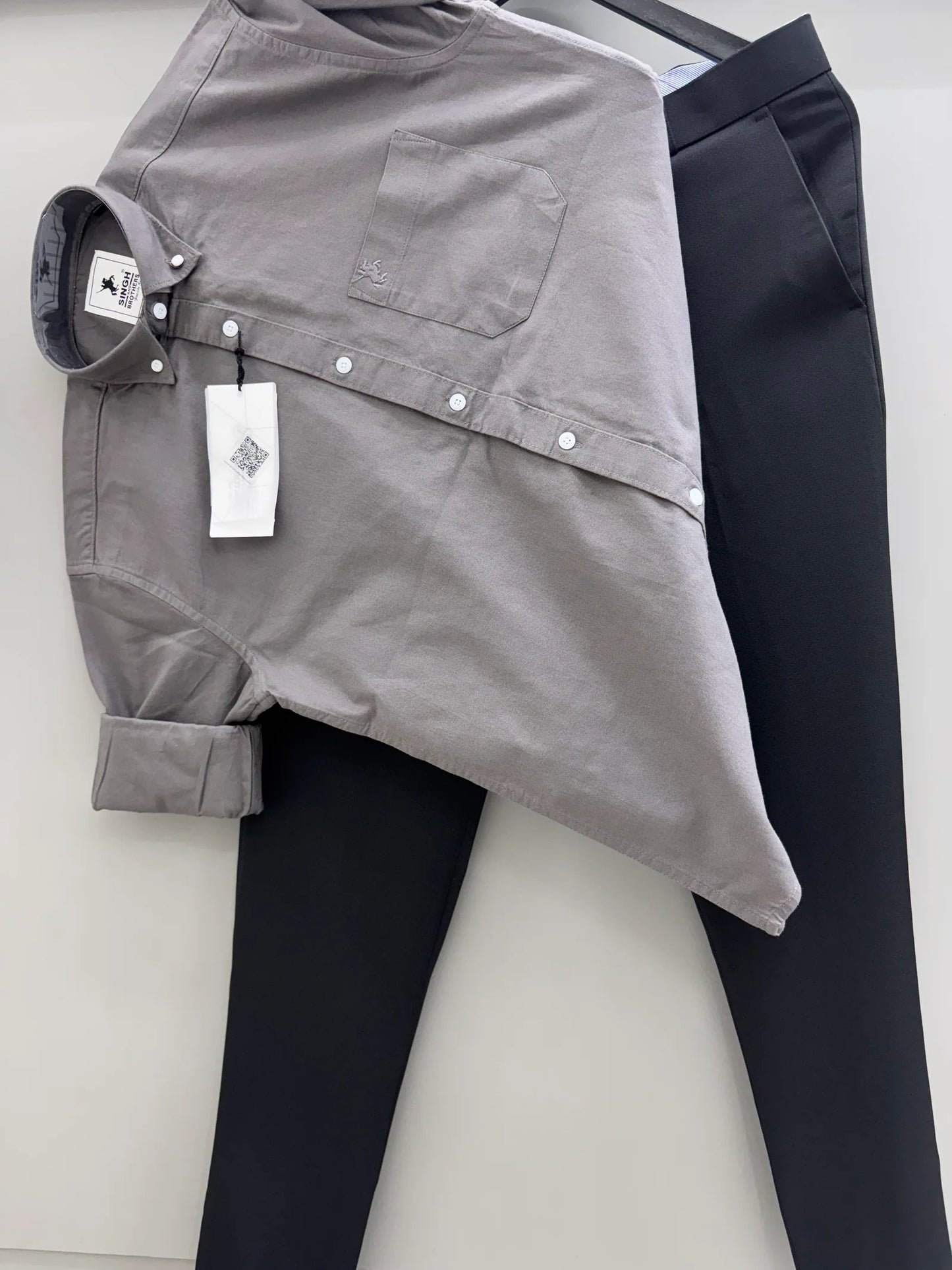 Modern Men’s Work and Party Wear Two Piece Set with Charcoal Brown Cotton Oxford Shirt and Black Pant
