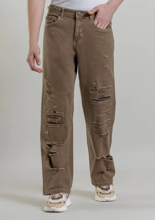 Stylish Men’s Relaxed Straight Fit Jeans Cedar Brown Distressed Denim
