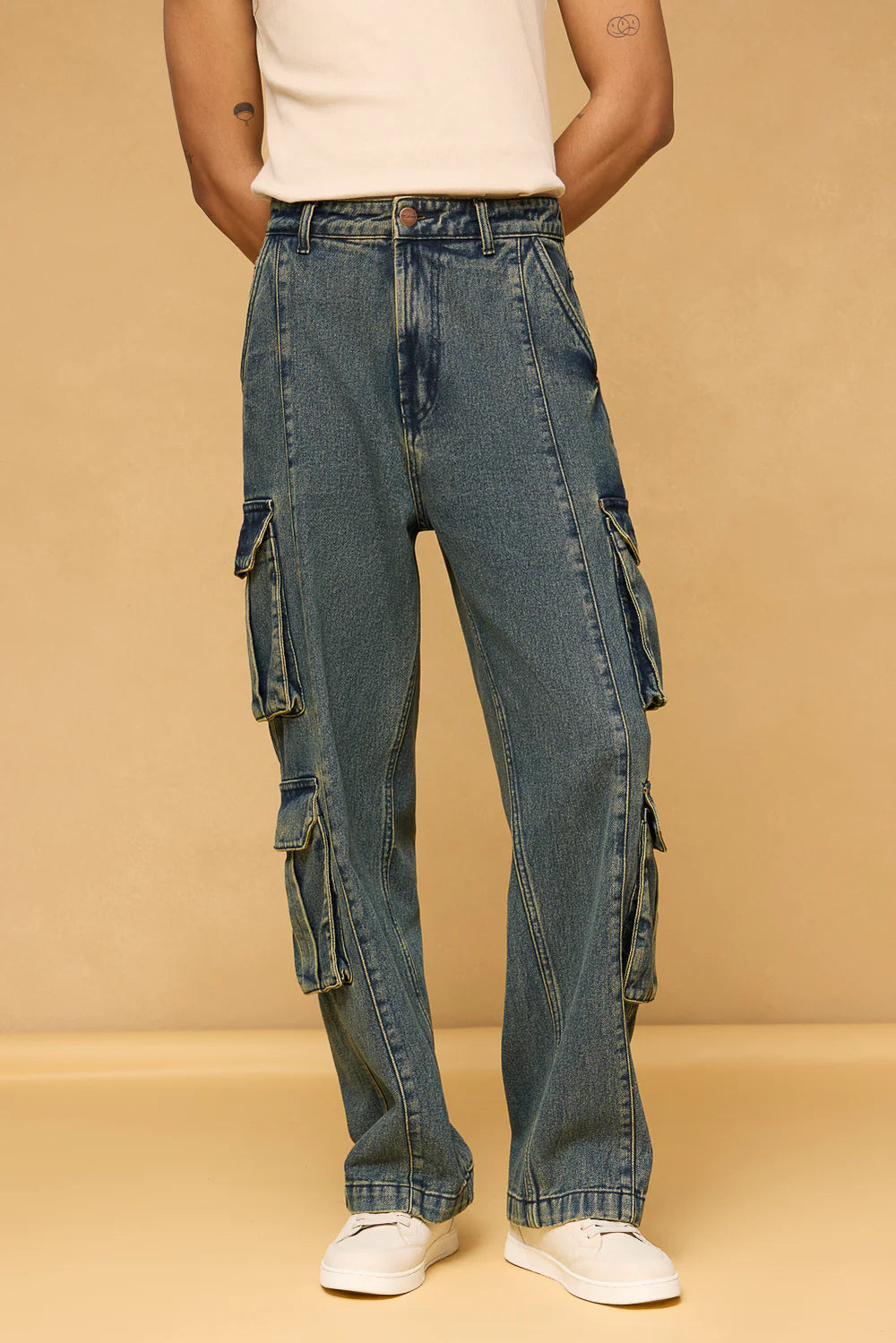 Men’s Astral Blue Cargo Jeans Relaxed Baggy Straight Look