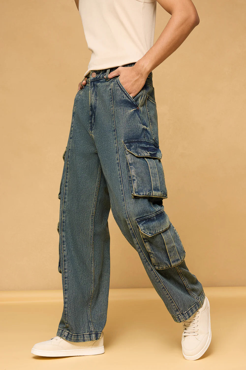 Men’s Astral Blue Cargo Jeans Relaxed Baggy Straight Look