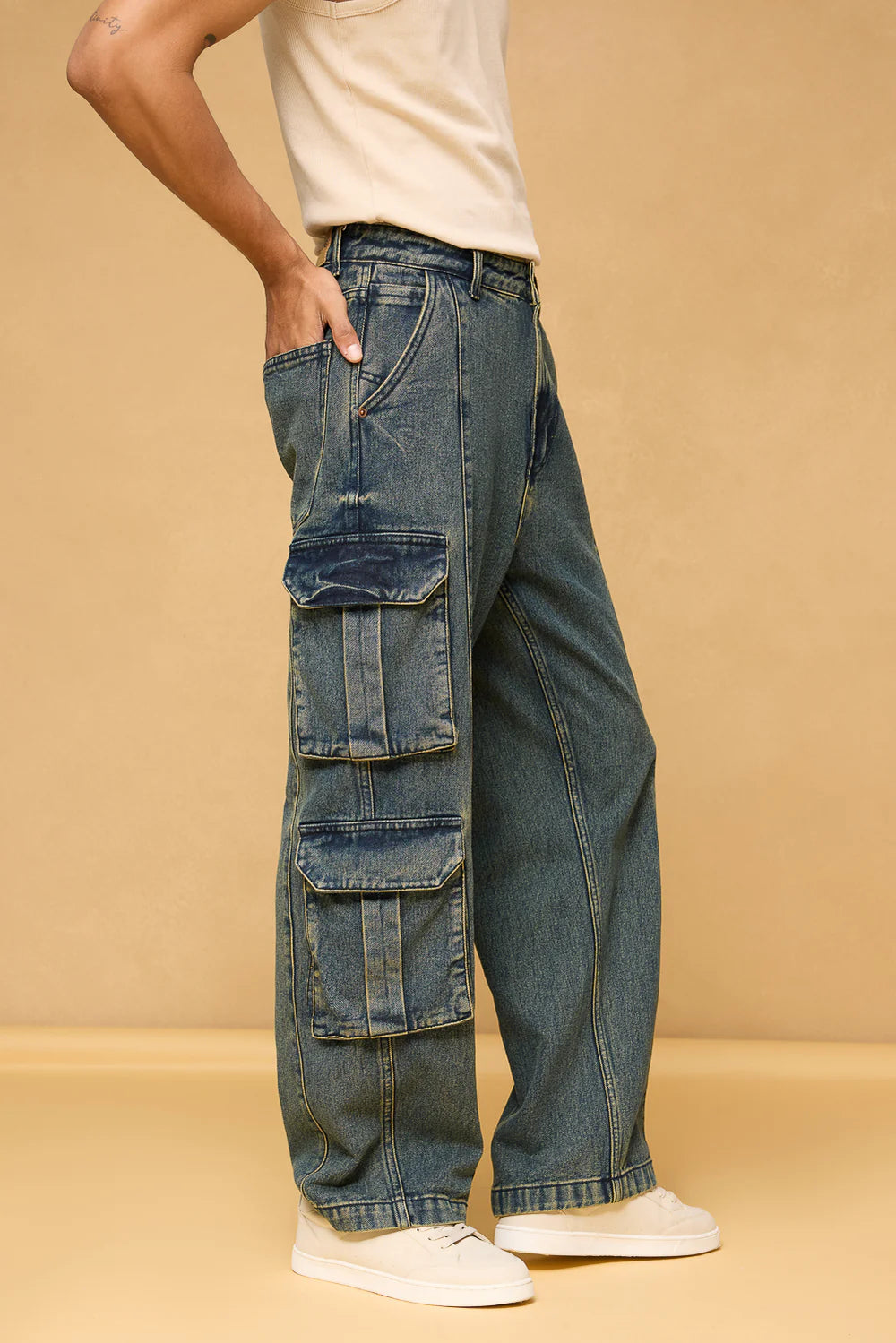 Men’s Astral Blue Cargo Jeans Relaxed Baggy Straight Look