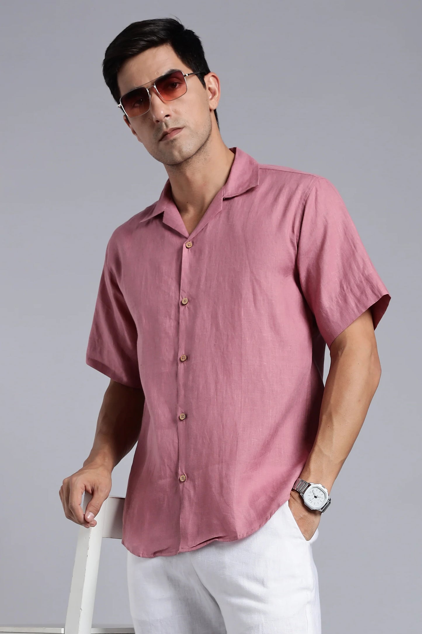 Men’s Casual Rose Linen Shirt Lightweight Relaxed Fit Perfect for Summer Holidays and Outings