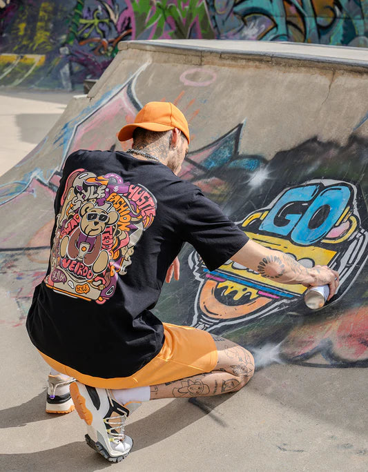 Fashionable Black Oversized Cotton T-Shirt for Men with Teddy Bear Back Print