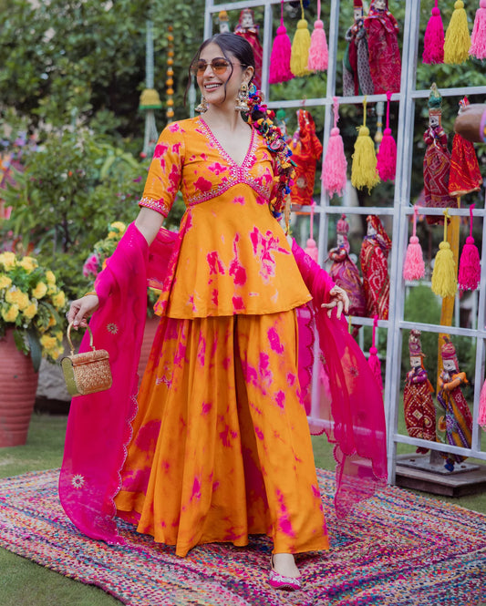 Ritu Orange Pink Tie Dye Muslin Sharara Set for Women Stylish Comfortable and Perfect for Festive Wear