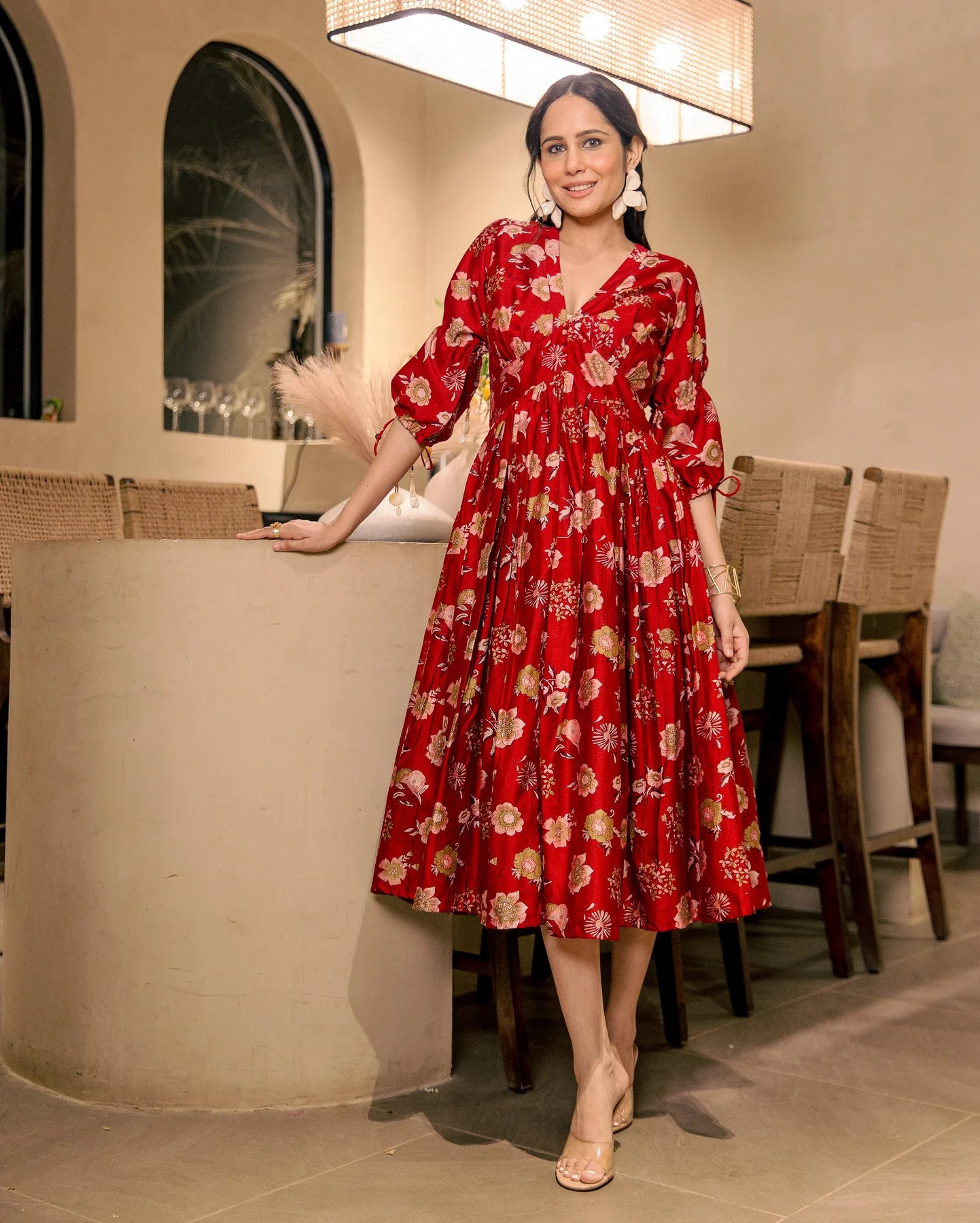Lightweight Red Muslin Printed Dress with Flattering Fit and Modern Appeal