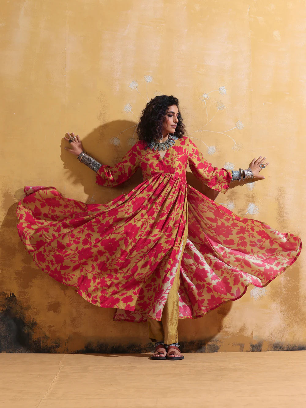 Red Mustard Muslin Silk Anarkali Kurta Set for Women with Jaal Print Perfect for Weddings and Holiday Parties