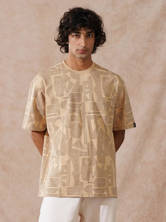 Soft Cotton Men’s T-Shirt Oversized Beige All-Over Print