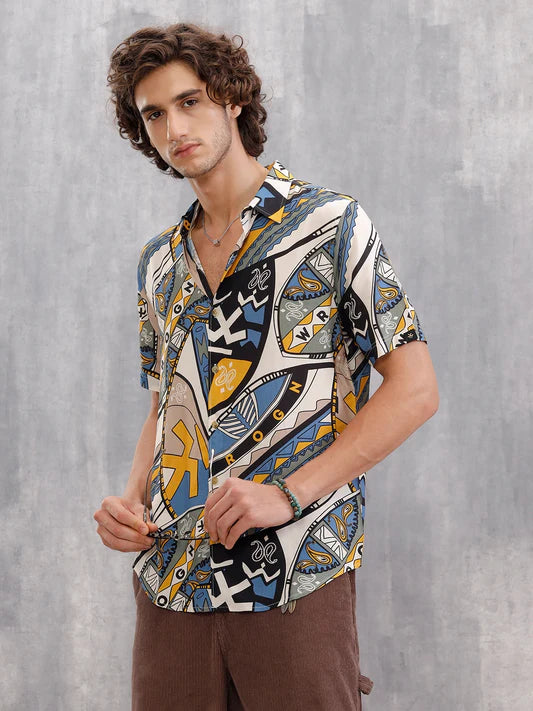 Trendy Men’s Blue Shirt with Abstract AOP Lightweight Shirt Perfect for Office, College, and Casual Outings