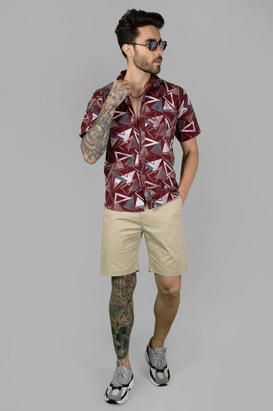 Bold Maroon Geometric Print Men’s Casual Funky Shirt Comfortable and Breathable for Daily Wear