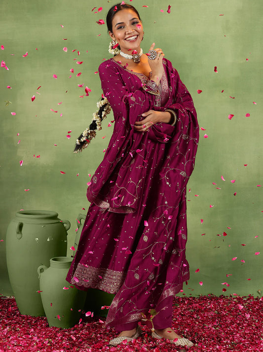 Maroon Silk Blend Anarkali Ensemble with Detailed Embroidery and Flowing Dupatta