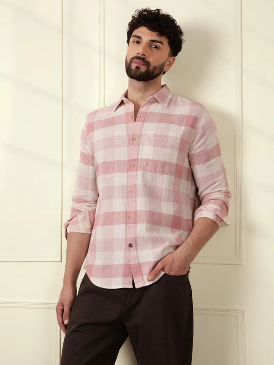 Premium Quality Textured Pink Checked Shirt for Men’s Office and Daily Wear