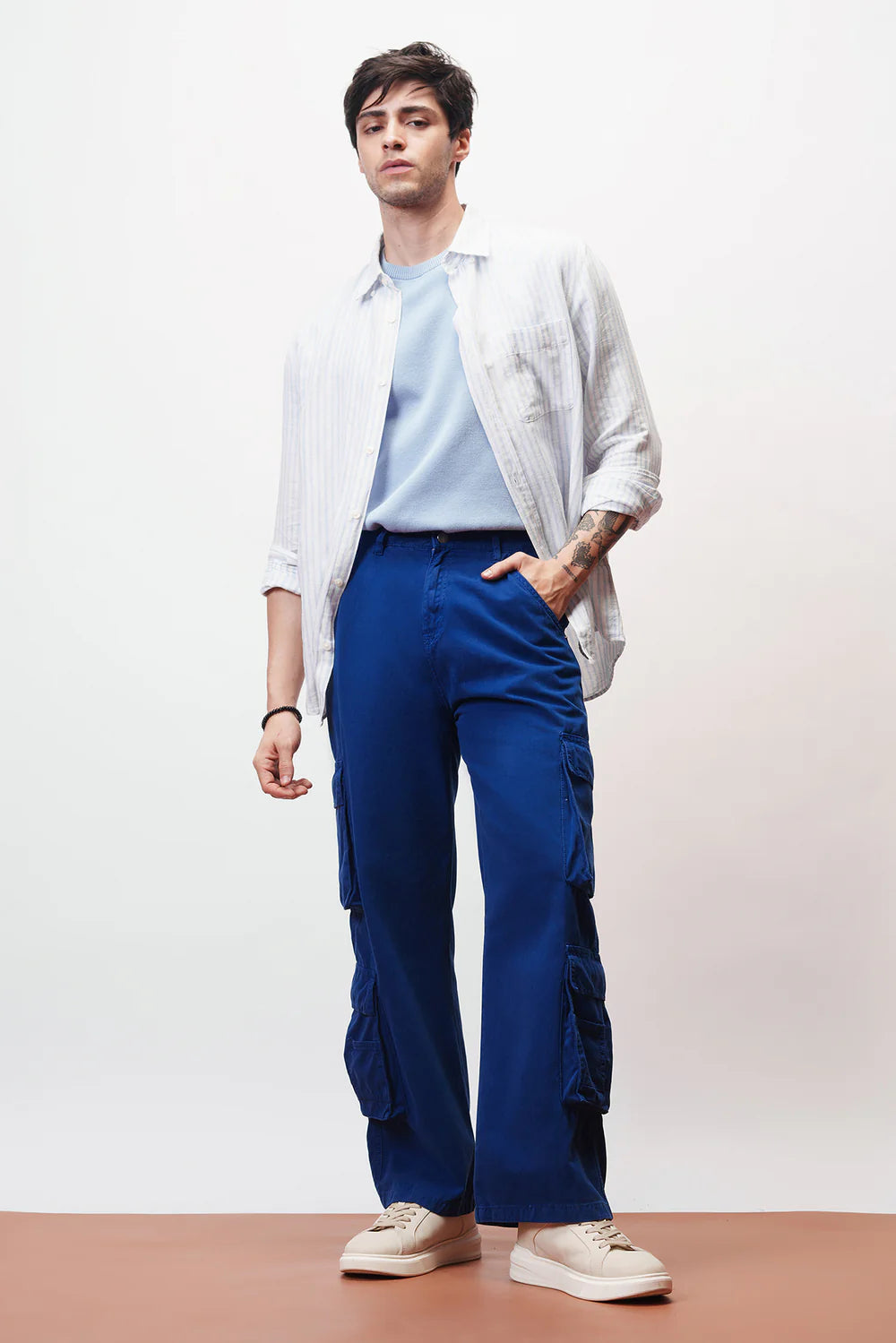 Durable Turbo Blue Baggy Cargo Pants for Men Straight Fit