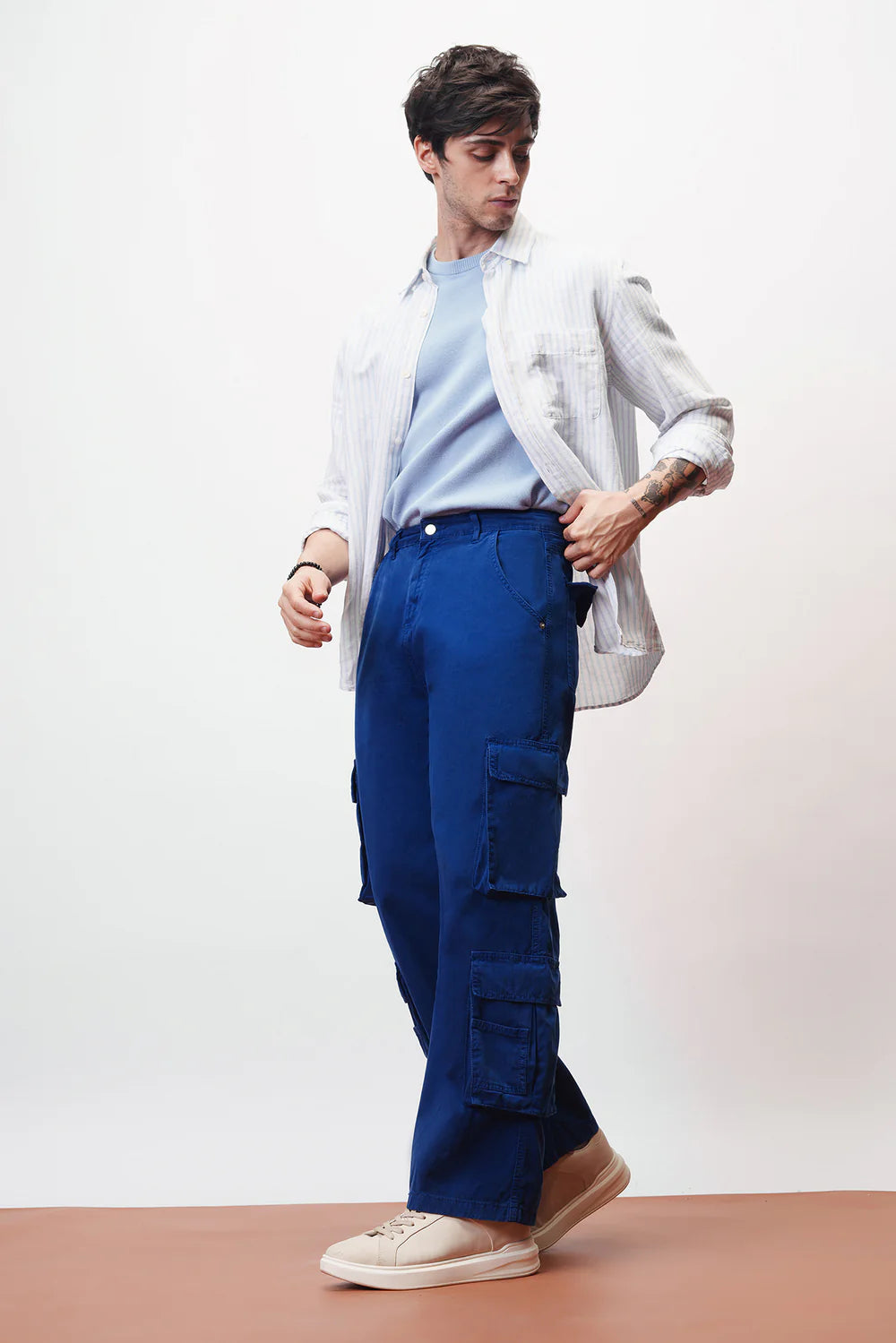 Durable Turbo Blue Baggy Cargo Pants for Men Straight Fit