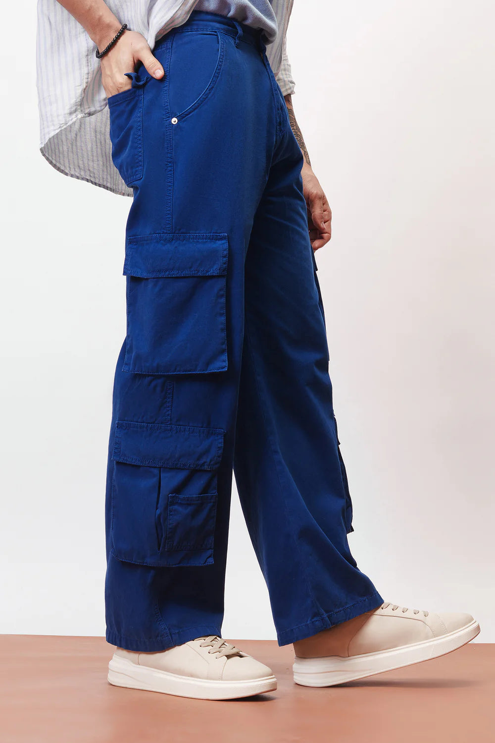 Durable Turbo Blue Baggy Cargo Pants for Men Straight Fit