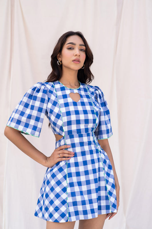 Fashionable Blue Checks Dress with Short Hemline and Heart Cut-Out Design