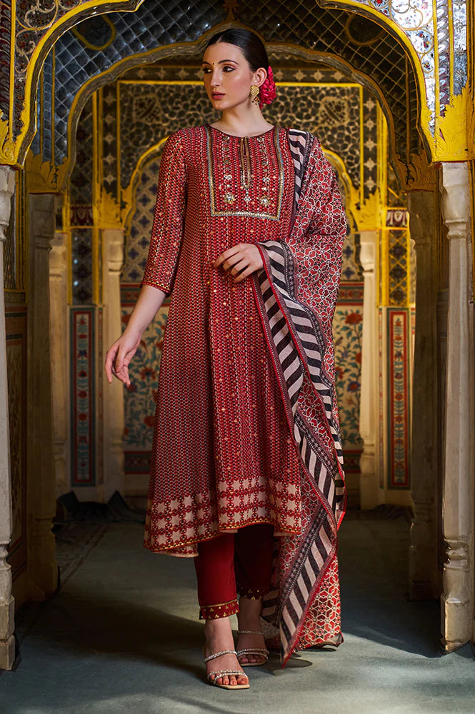 Contemporary Rust Red Flared Kurta, Pants and Dupatta Set with Geometric Prints and Elegant Embroidery for Special Occasions and Celebrations