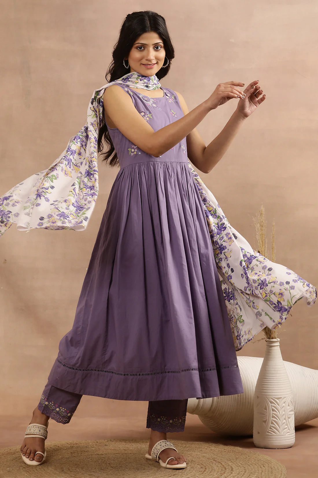 Trendy Purple A-Line Kurta, Pants and Printed Dupatta Set with Elegant Embroidery and Flowing Silhouette for Parties and Festivals