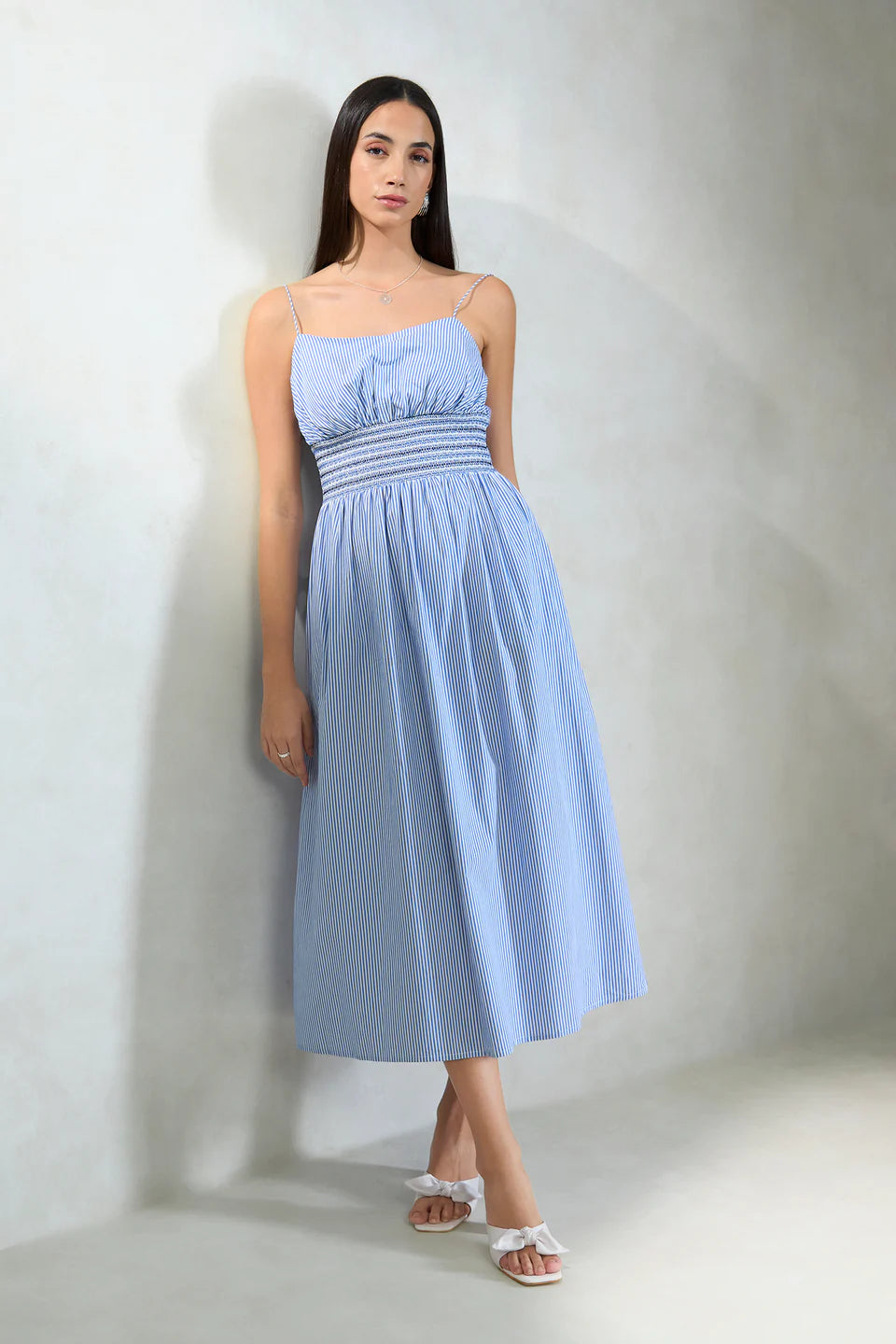 Graceful Cotton Dress with Smocked Waist and Stripe Detailing