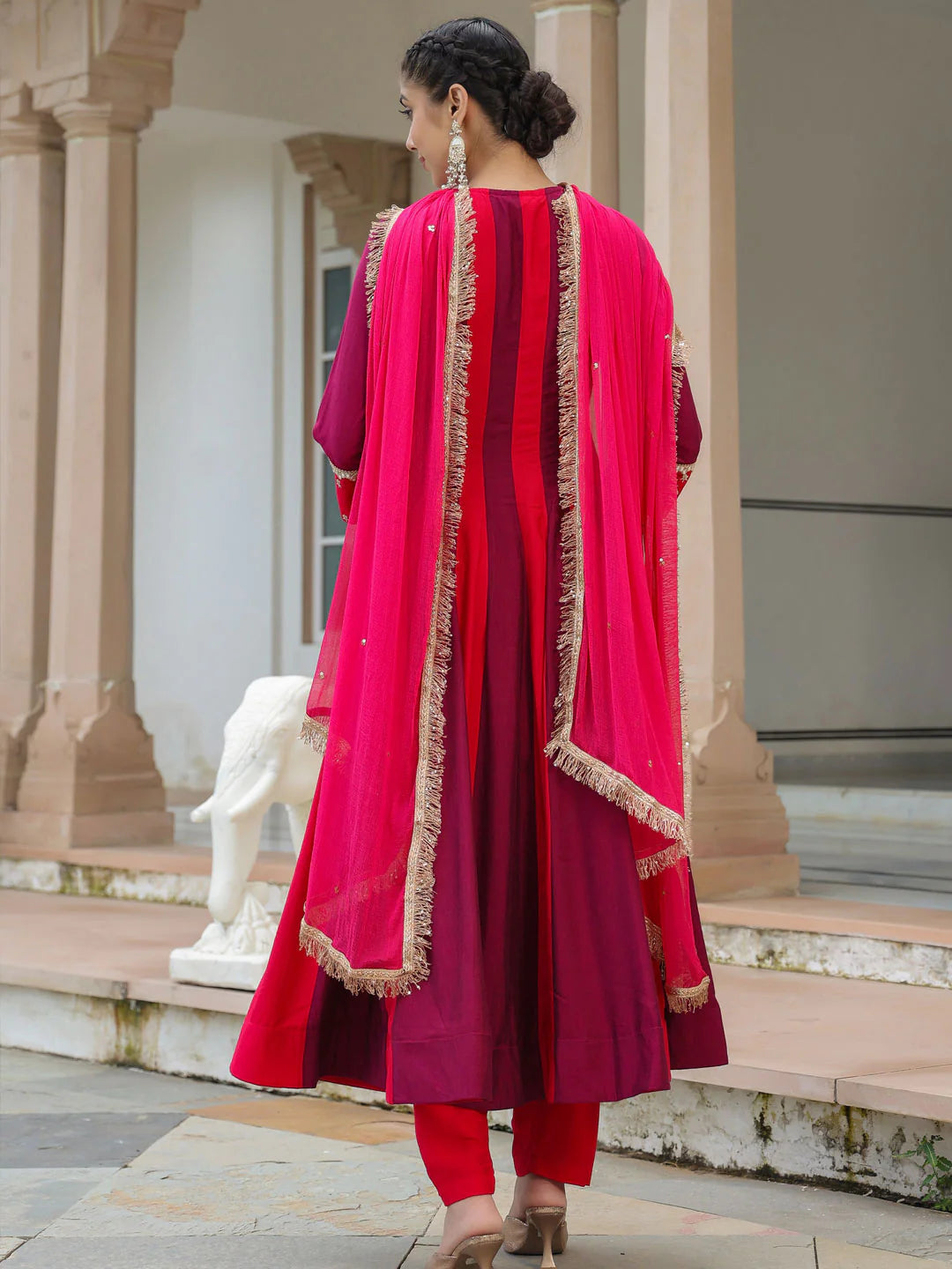 Multi Zari Embroidered Flared Anarkali Kurta with Pants & Dupatta