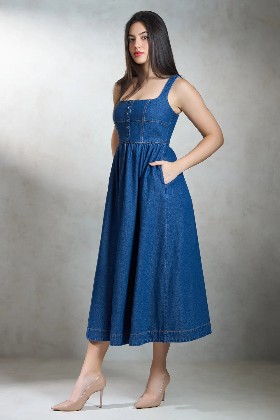 Stylish Cotton Denim Midi Dress with Flared Design