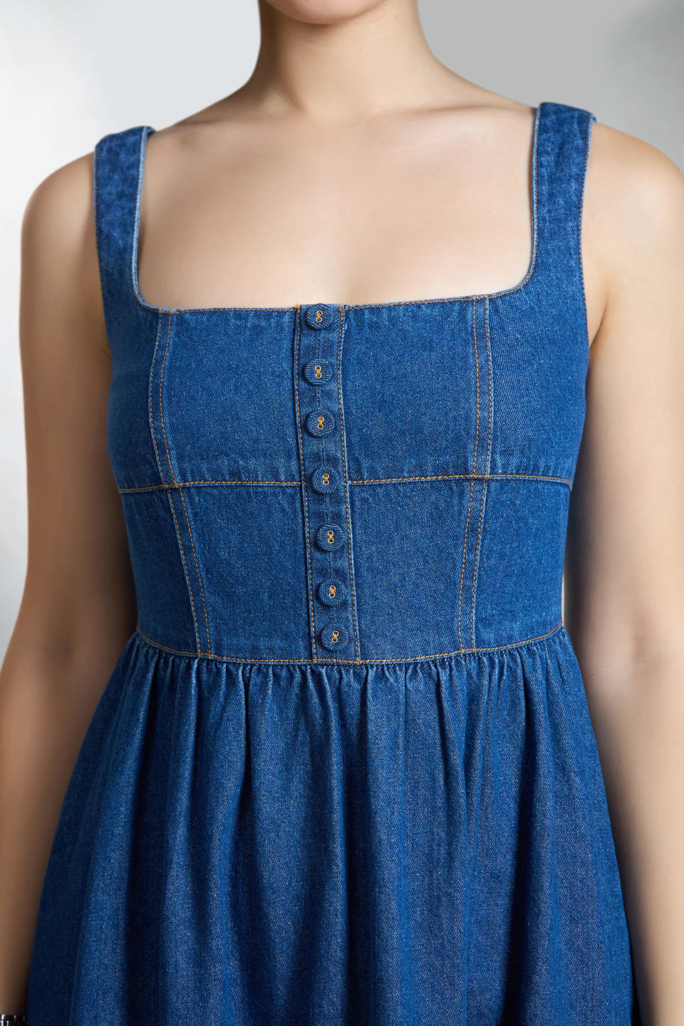 Stylish Cotton Denim Midi Dress with Flared Design