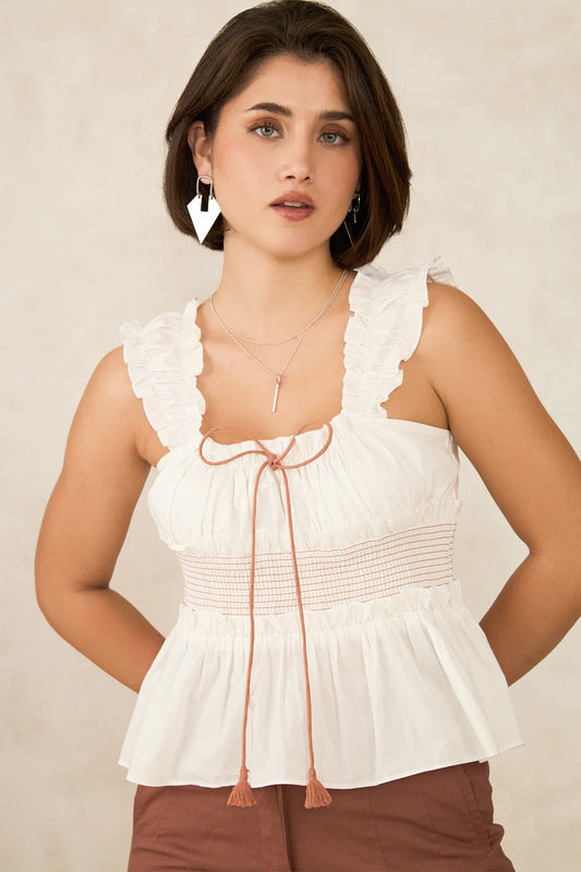Relaxed Fit Women’s Cotton Peplum Top with Mocha Trim