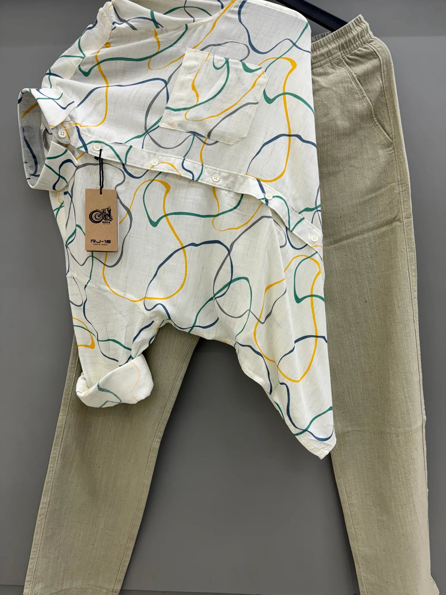 Elegant Men’s Linen Printed Shirt in Yellow with Green Pant Perfect for Parties and Casual Events