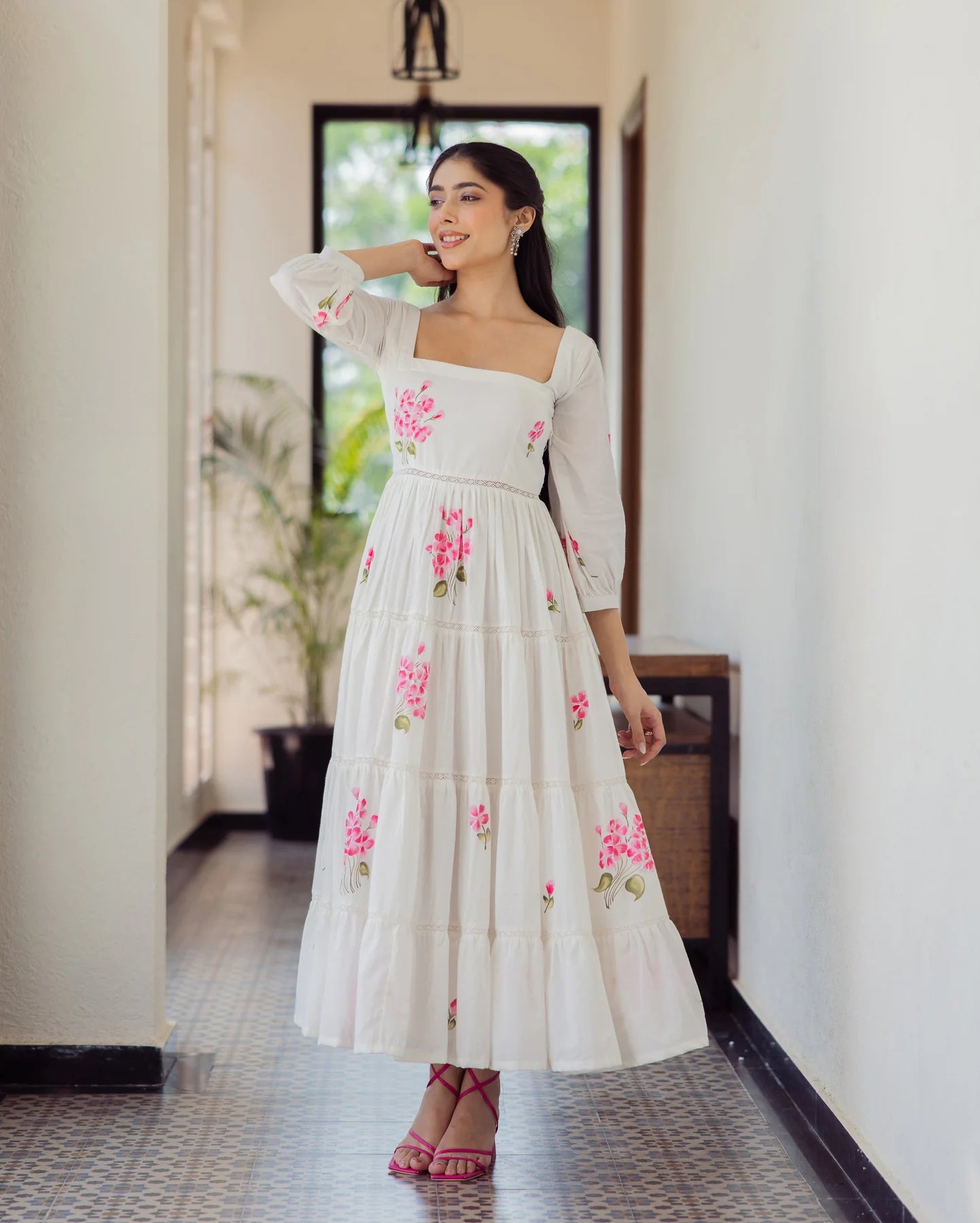 Elegant White Handpainted Cotton Dress with Soft Fabric and Flowing Hemline