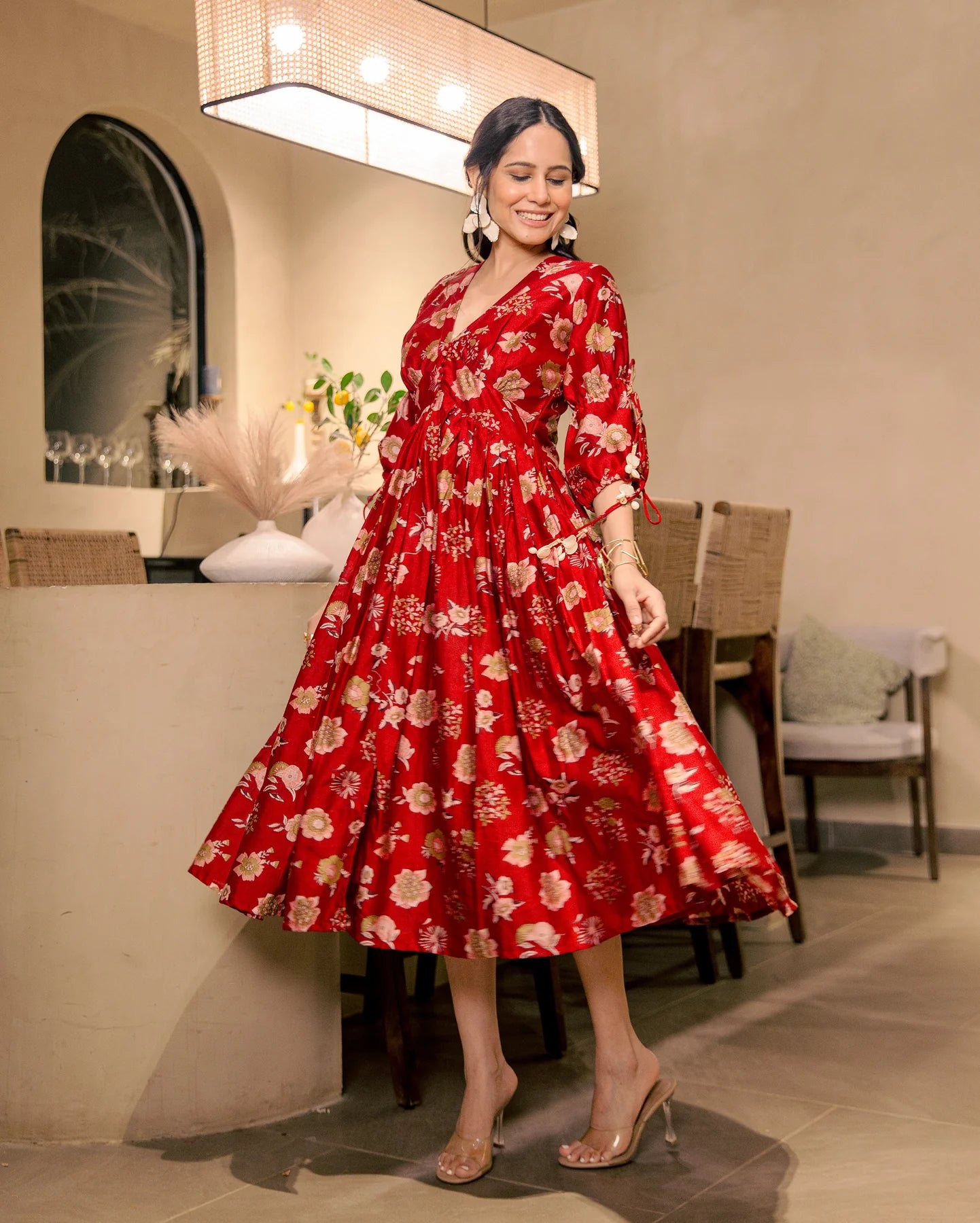Lightweight Red Muslin Printed Dress with Flattering Fit and Modern Appeal