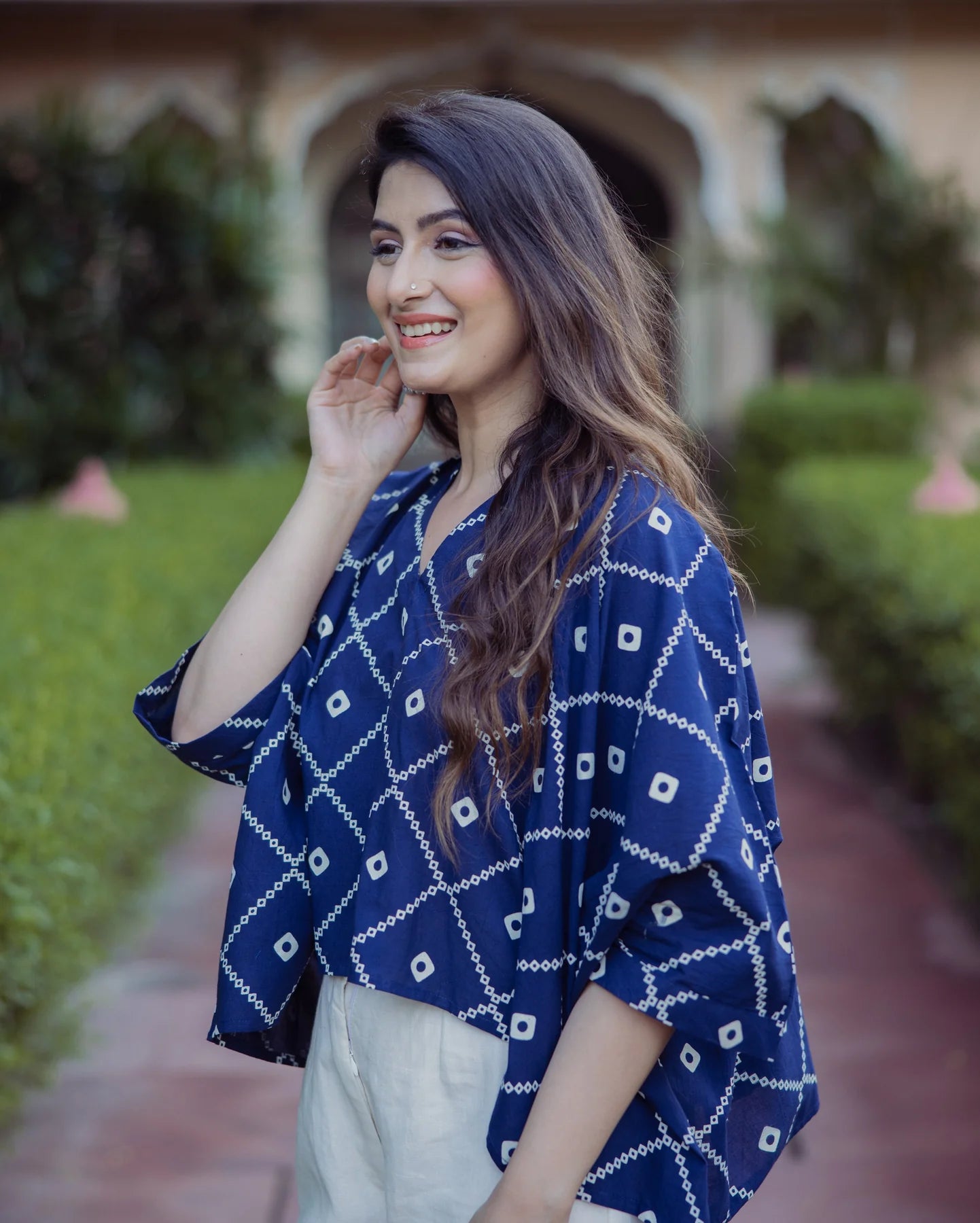 Fashionable Blue Bandhani Cotton Top for Casual Outfits