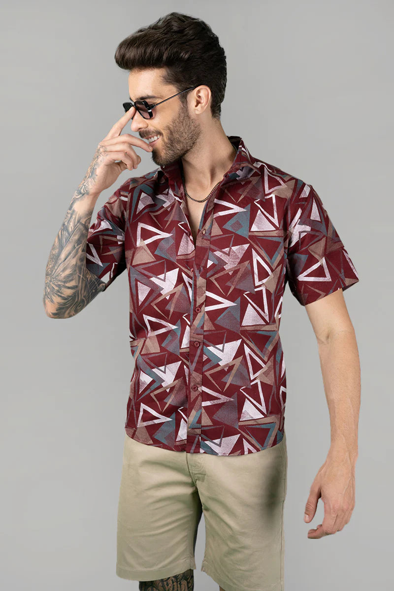 Bold Maroon Geometric Print Men’s Casual Funky Shirt Comfortable and Breathable for Daily Wear