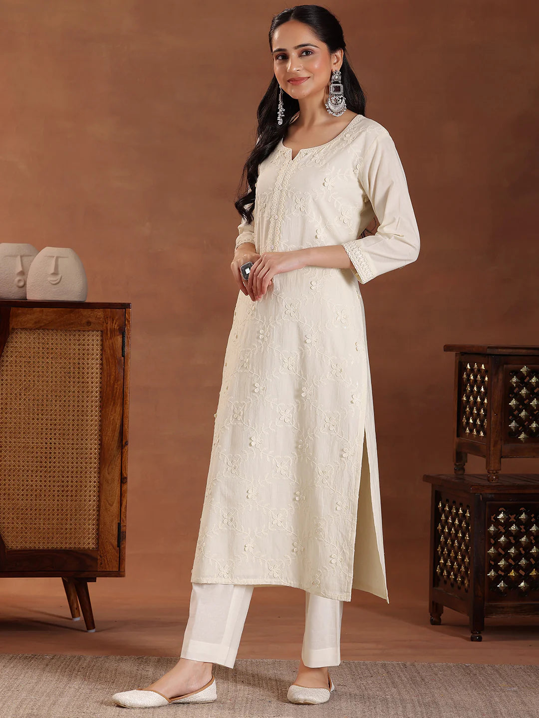 Off White Cotton Straight Kurta Ensemble with Delicate Embroidery and Coordinated Dupatta