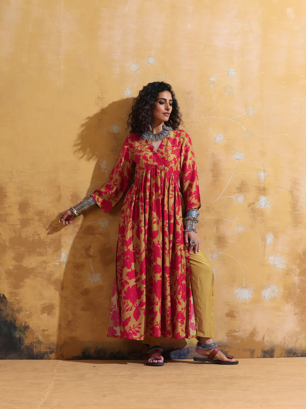 Red Mustard Muslin Silk Anarkali Kurta Set for Women with Jaal Print Perfect for Weddings and Holiday Parties