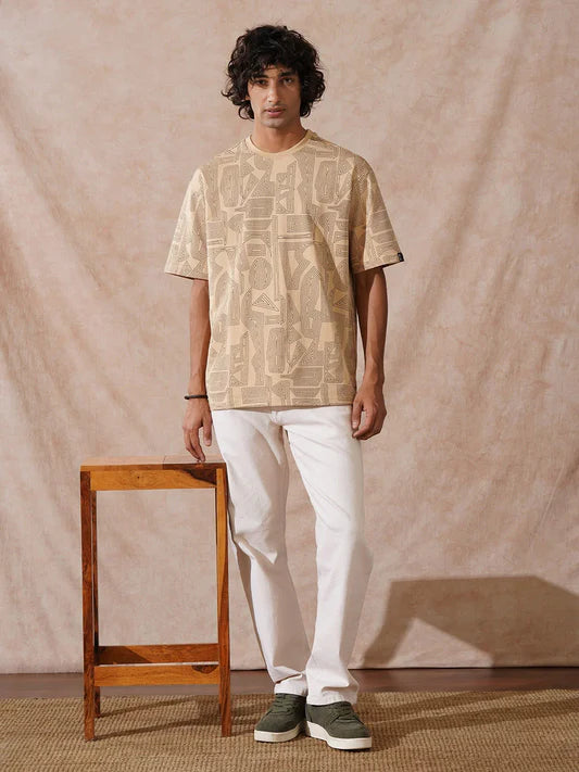 Soft Cotton Men’s T-Shirt Oversized Beige All-Over Print