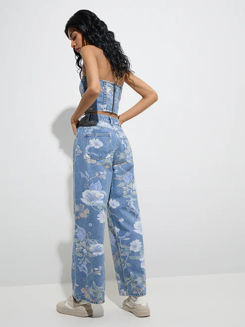 Women’s Blue High-Rise Relaxed-Fit Jeans with Trendy Floral Accents for Everyday Fashion