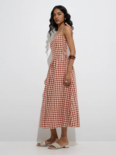 Women’s Rust A-Line Dress with Gingham Checks and Flared Bottom Hem